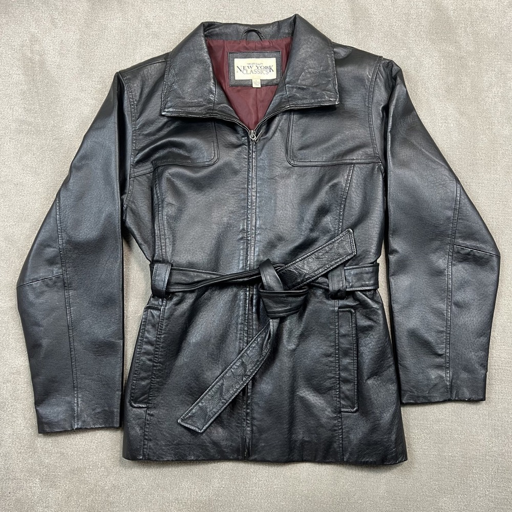 New York Classics Black Leather Jacket Women Large Belted Zip Up Mid Length Coat